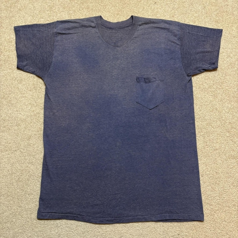 Vtg 60s 70s Selvedge Pocket Tee Shirt Navy Blue Medium Faded Distressed Grunge